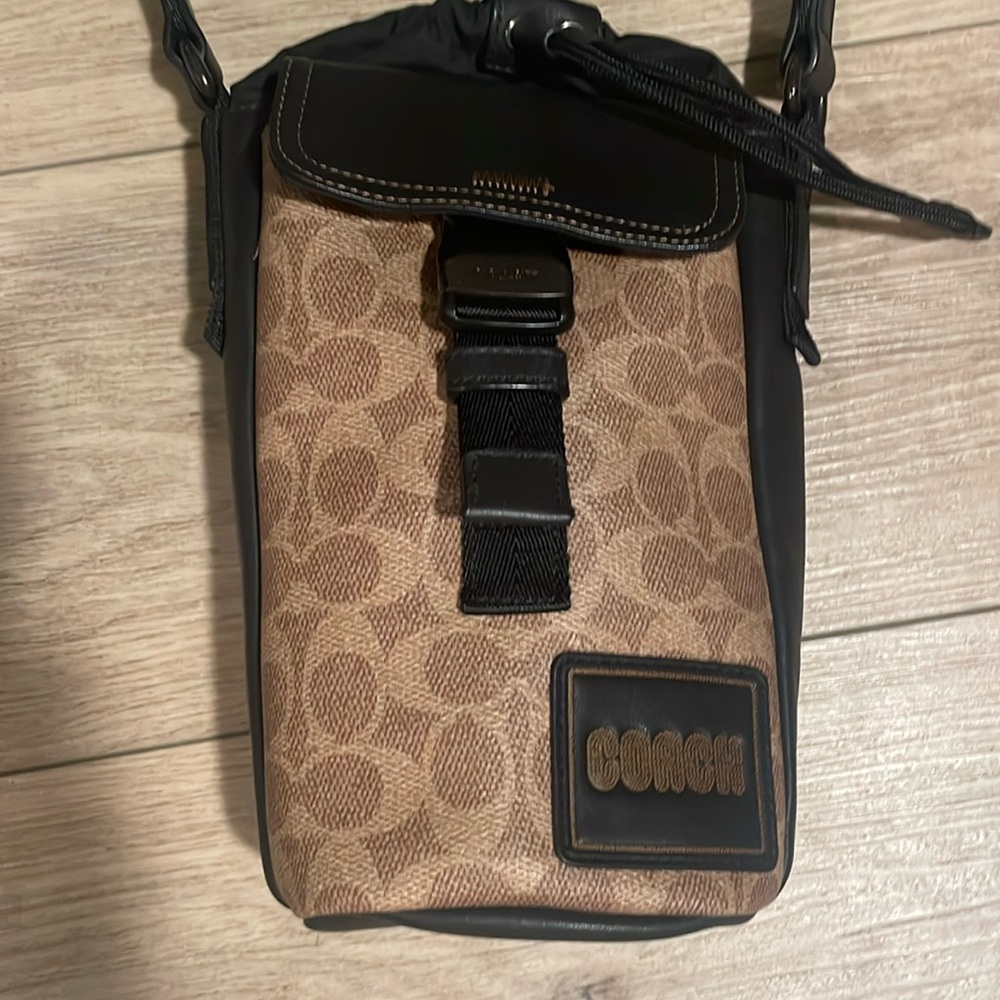 Coach Signature Tan and Black Water Bottle Bag